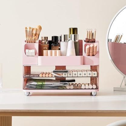 Makeup Organizer for Vanity with 2 Large Drawers, Cosmetic Display Case with Brush Holders, Easy to Storage for Bathroom Countertop Skincare, Desk Office Supplies, Pink