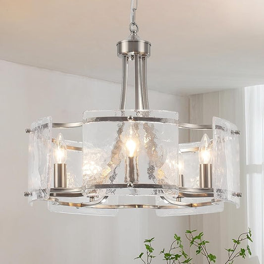 Modern Textured Glass Chandelier for Dining Room, 5-Light Brushed Nickel Crystal Chandeliers Light Fixture, Drum Round Rustic Farmhouse Chandelier for Kitchen Island Bedroom Living room Foyer，E12