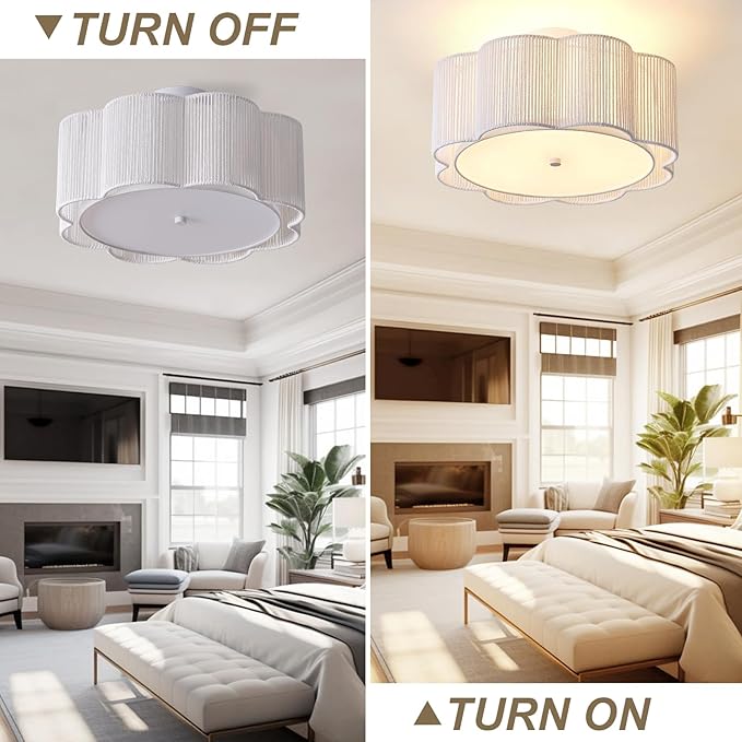 17.7" Rattan Flush Mount Ceiling Light, 3-Light Boho Close to Ceiling Light Fixtures, Rattan Bedroom Ceiling Light, Farmhouse Large Drum Chandelier for Dining Room, Kitchen, Hallway(White)