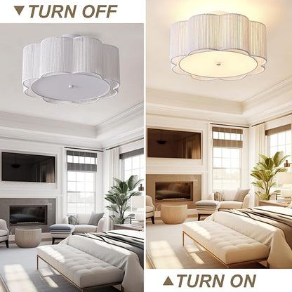17.7" Rattan Flush Mount Ceiling Light, 3-Light Boho Close to Ceiling Light Fixtures, Rattan Bedroom Ceiling Light, Farmhouse Large Drum Chandelier for Dining Room, Kitchen, Hallway(White)