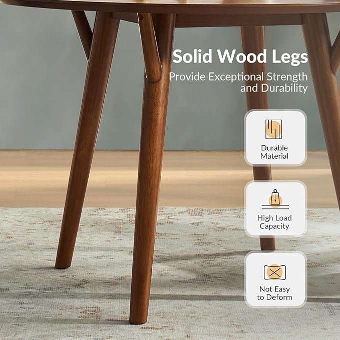 HULALA HOME Round Dining Table for 4, 45” Solid Wood Ktichen Table, Small Dinner Coffee Writing Table for Kitchen Dining Room, Save Space, Walnut