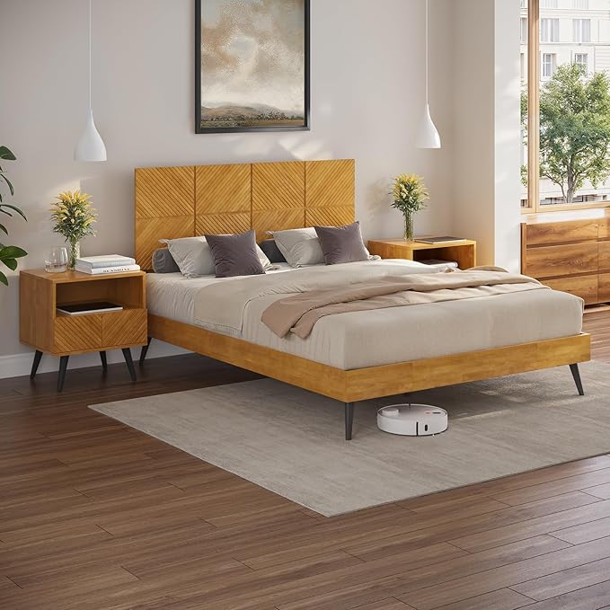 Bme Rhombus Queen Bed Frame – Solid Acacia Wood with Geometric Rhombus Headboard, Teak Brown Finish, Scandinavian Modern Platform Bed with Sturdy Slats & Metal Legs, No Box Spring Needed