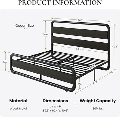 SHA CERLIN Queen Size Metal Bed Frame with Wooden Headboard and Footboard, Heavy Duty Oval-Shaped Platform Bed with Under-Bed Storage, Noise Free, No Box Spring Needed, Black