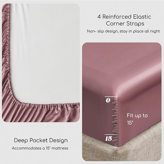 MR&HM Satin Bed Sheets, Full Size Sheets Set, 4 Pcs Silky Bedding Set with 15 Inches Deep Pocket for Mattress (Full, Rose Taupe)