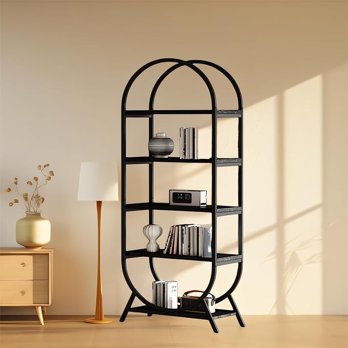 Arched Bookshelf,5-Tier Tall Wide Open Bookcase, Modern Storage Book Shelves, Freestanding Display Rack Shelving Unit for Office, Bedroom, Living Room, Easy Assembly, Black