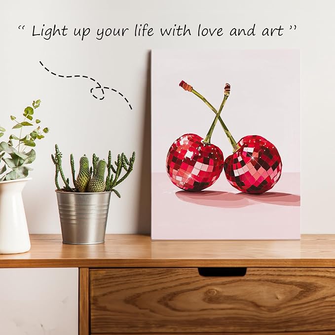APJYM Funky Y2K Disco Ball Cherry Wall Art, Trendy Retro 70s Preppy Pink Girly Cherry Aesthetic Canvas Wall Art for Girls Room Bedroom Dorm Apartment Decor, 11x14 Inches Framed