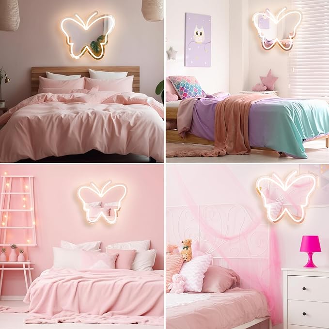 Butterfly Mirror Neon Sign Dimmable USB LED Neon Lights for Ideal Home Decor for Bedroom, Kidsroom, Living Room Parties, Christmas Birthdays Gifts for Girls Women, Boho Mirror Wall Sign Art Gift-White