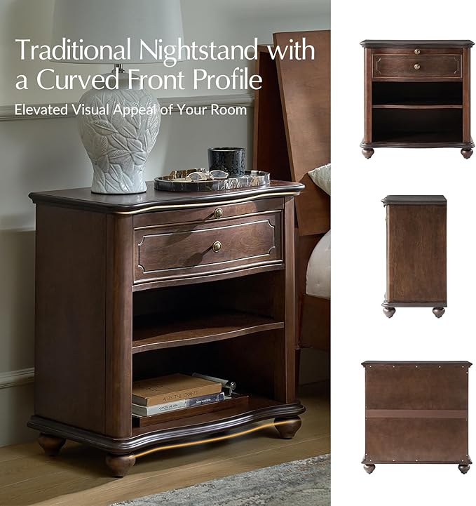 HULALA HOME Wooden Nightstand with Pull-Out Shelf, Mid Century Modern Nightstand with Solid Wood Drawers and Legs, Adjustable Storage, Walnut