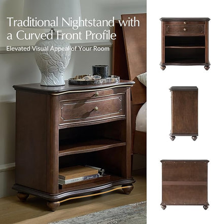 HULALA HOME Wooden Nightstand with Pull-Out Shelf, Mid Century Modern Nightstand with Solid Wood Drawers and Legs, Adjustable Storage, Walnut