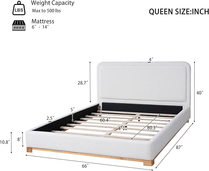 Queen Size Bed Frame, Upholstered Cloud Boucle Platform Beds Frames with Headboard, Anti-Collision Soft Rounded Corners Footboard, No Box Spring Required, Easy Assembly (40" White, Queen)