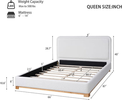 Queen Size Bed Frame, Upholstered Cloud Boucle Platform Beds Frames with Headboard, Anti-Collision Soft Rounded Corners Footboard, No Box Spring Required, Easy Assembly (40" White, Queen)