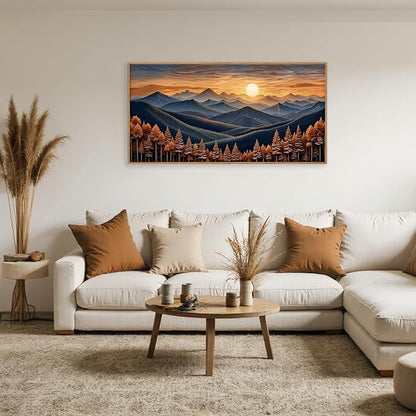 HOURIA Large Woodland Mountain Sunset Framed Canvas Wall Art Set,Wilderness Wooden Forest Landscape Wall Decor,Nature Botanical Artwork,Boho Pine Tree Art Print for Living Room,Bedroom- 40"x20"x1