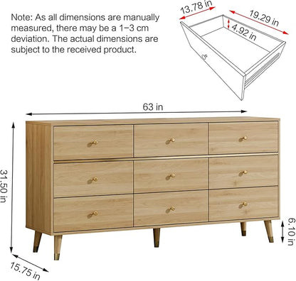 9 Drawer Dresser 63" Wide Mid Century Modern Chest of Drawers, Wood