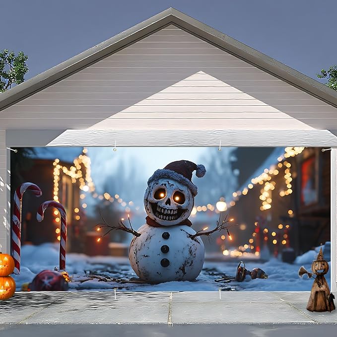 6 x 13 ft Halloween Garage Door Decorations Halloween decorations Witch Door Cover, Hanging Banner, Cauldron Backdrop Mural for Home, Outdoor, Indoor, Spooky Party, Wall, Window (Snowman)
