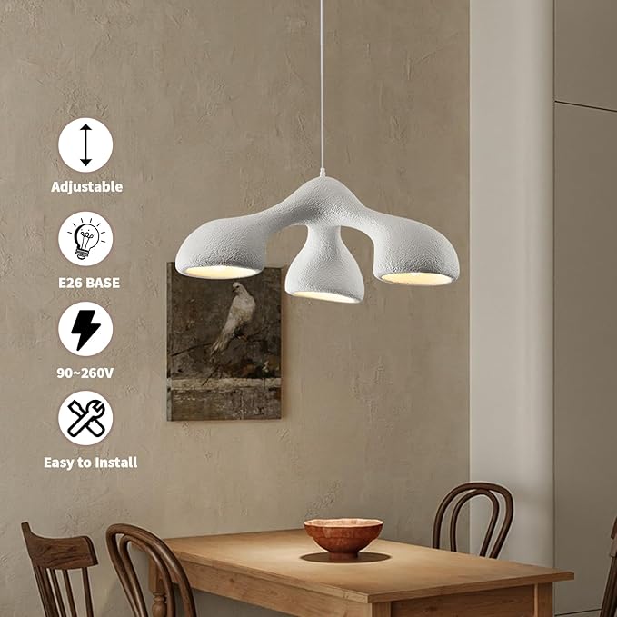 JAYMP 3-Lights Pendant Light Fixture for Dining Room Kitchen Island Restaurant E26 Base Mid Century Modern Hanging Lamp 1 Pack (Matte White,E Shape, 72cm/28.3in)
