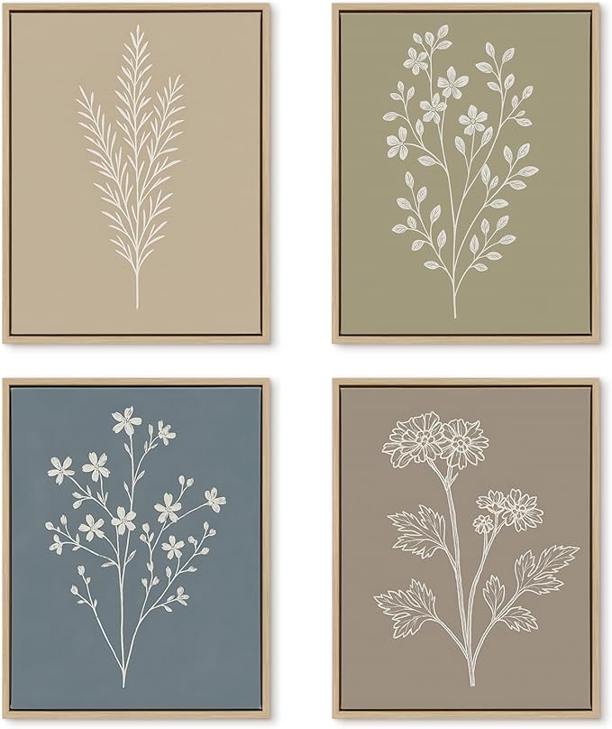 DAJONART Neutral Boho Botanical Wall Art Set of 4,Terracotta & Sage Green Abstract Prints Framed Canvas for Boho, Japandi, and Earth Tone Home Decor, Abstract Earth-Tone Botanical Canvas Art,11x14 in