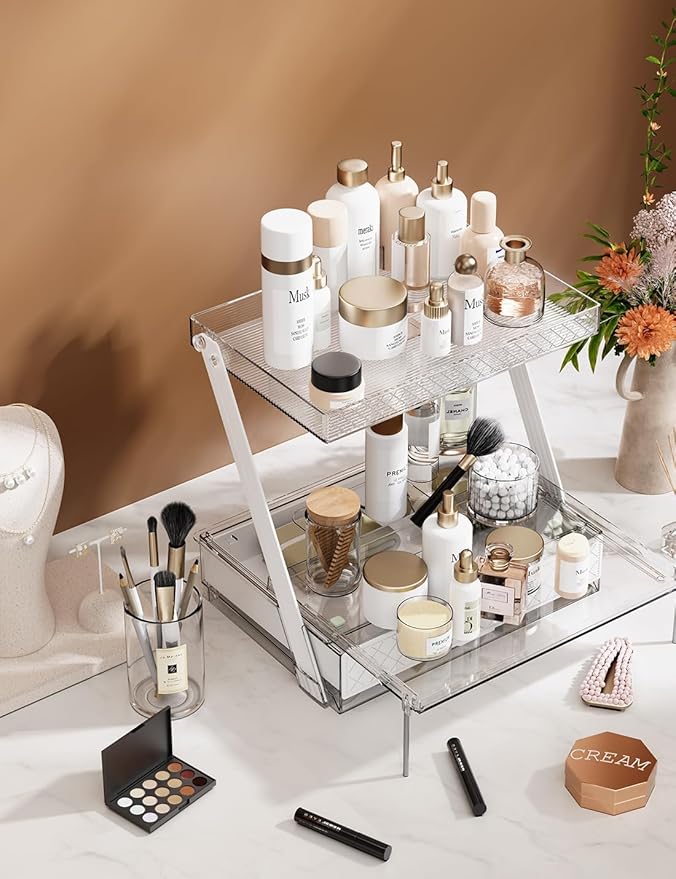 Z-Shaped Bathroom Countertop Organizer – 2-Tier Vanity Organizer with Sliding Tray & Drawer for Skincare, Makeup & Perfume – Acrylic Storage for Dresser, Office or Desk