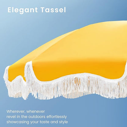 PHI VILLA 7ft Beach Umbrella with Fringe & Sand Anchor, Outdoor Patio Heavy Duty Windproof Portable Tassel Umbrellas for Sand with Push Button Tilt & Carrying Bag, UPF 50+, Yellow