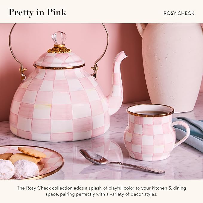 MACKENZIE-CHILDS Enamel Mug, Cute Enamelware Coffee and Tea Mug, Unique Drinkware, 16 Ounces, Pink-and-White Rosy Check, Set of 4