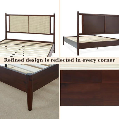 Bme Oliver Headboard Queen Size Bed Frame - 15-Inch Signature Design with Rattan Headboard, Bohemian and Mid Century Style, 12-Slat Wood Support, No Box Spring Needed - Easy Assembly, Walnut