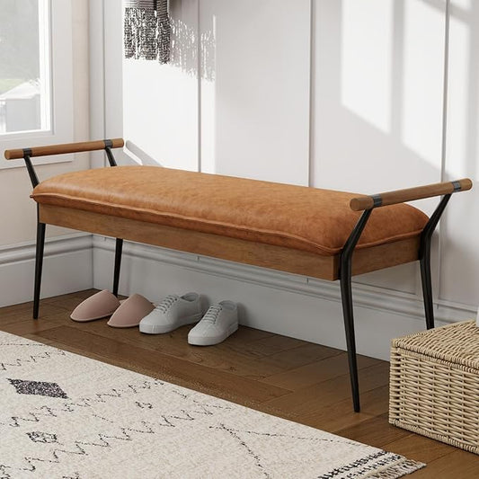 DUOMAY Modern Rectangle Ottoman Bench with Arms and Metal Legs, Mid Century PU Bed Bench Footstool Entryway Shoe Bench for Dining Room Bedroom Living Room, Brown