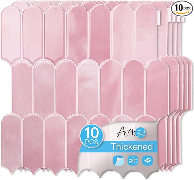 Art3d 12 x 12 Inch Heavy-Duty Peel and Stick Backsplash, Self-adhesive Wall Tiles for Kitchen Bathroom Decor, 10-Pack Pink