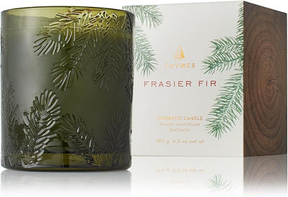 Thymes Frasier Fir Candle - Molded Green Glass Jar with Pine Needle Design - Winter Candle Gifts for Women & Men - Fresh Home Fragrance - Notes of Crisp Siberian Fir, Cedarwood & Sandalwood (6.5 oz)