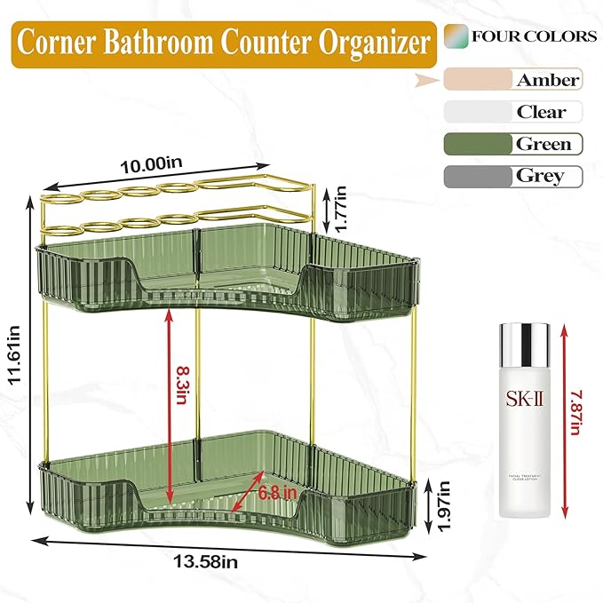 SUNZOS Bathroom Counter Organizer, Corner Vanity Cosmetic Storage with Makeup Brush Holder, Countertop Organizers for Dresser (2 Tier, Green)