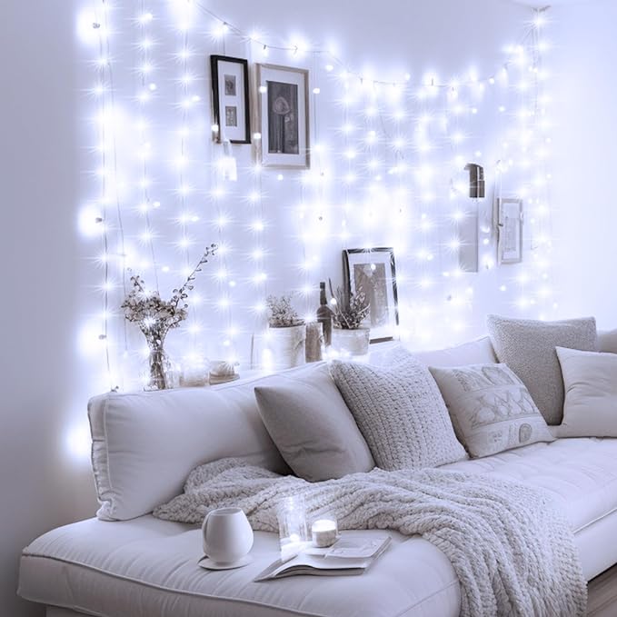 Minetom Curtain Lights, 300 LED Dimmable Fairy Lights with Remote and Timer, 8 Modes, USB Powered String Lights for Room Wall Party Xmas Indoor Decor, White