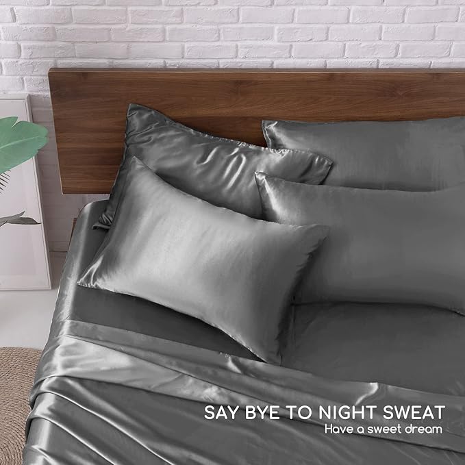 MR&HM Satin Bed Sheets, Queen Size Sheets Set, 6 Pcs Silky Bedding Set with 15 Inches Deep Pocket for Mattress (Queen, Dark Grey)