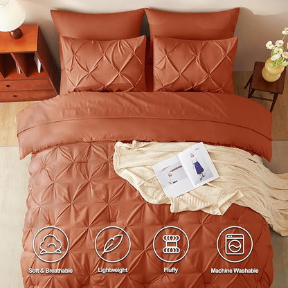 CozyLux Full Size Comforter Sets Burnt Orange, 7 Pieces Pintuck Bed in A Bag Terracotta Comforter Full Size, Pinch Pleat Bedding Sets with All Season Comforter, Sheets, Pillowcases & Shams