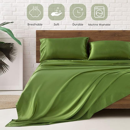 MR&HM Satin Bed Sheets, Full Size Sheets Set, 4 Pcs Silky Bedding Set with 15 Inches Deep Pocket for Mattress (Full, Sage)