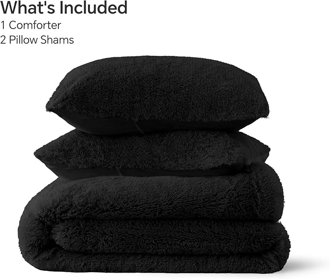 BEDELITE Black Fluffy Comforter Set Queen Size, Fuzzy Faux Fur Comforter Bedding Set, 3Pieces Soft Warm Shaggy Bed Set (1 Comforter & 2 Pillowcases) as Gifts for Women