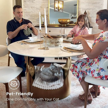 POVISON Round Dining Table, 51" Matte White Sintered Stone Top Dining Table with Bronze Carbon Steel Pedestal, Modern Dining Room Table for Kitchen, Living Room (Table Only)