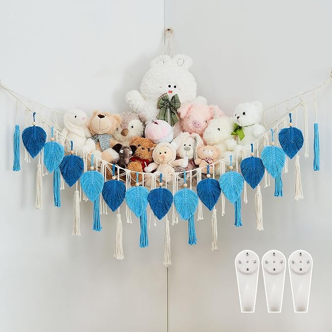 Pretty Jolly Stuffed Animal Storage with Hand Woven Leaf Tassels Hammock Corner Hanging Net Boho Macrame Storage for Kid Room Nursery Decor Wall Display for Girls Gift(Dark Blue&Lake Blue)