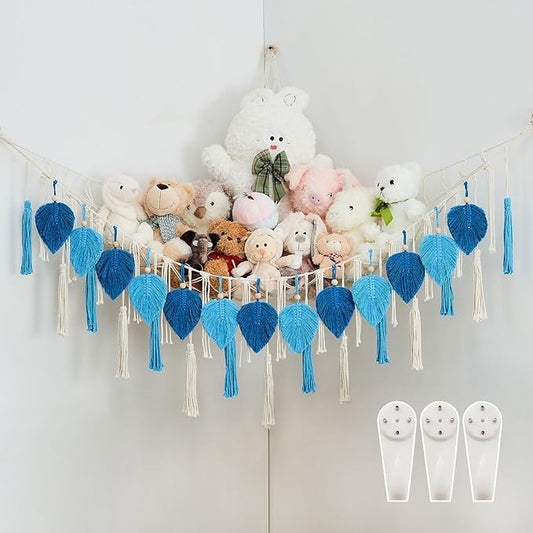 Pretty Jolly Stuffed Animal Storage with Hand Woven Leaf Tassels Hammock Corner Hanging Net Boho Macrame Storage for Kid Room Nursery Decor Wall Display for Girls Gift(Dark Blue&Lake Blue)
