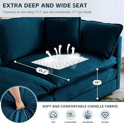 SoarFlash Chenille Sectional Sofa, Comfy Modular Coush Sofa with Ottoman, Modern 3 Seat Recliner Deep Seat Sofa Set for Living Room,Deep Blue