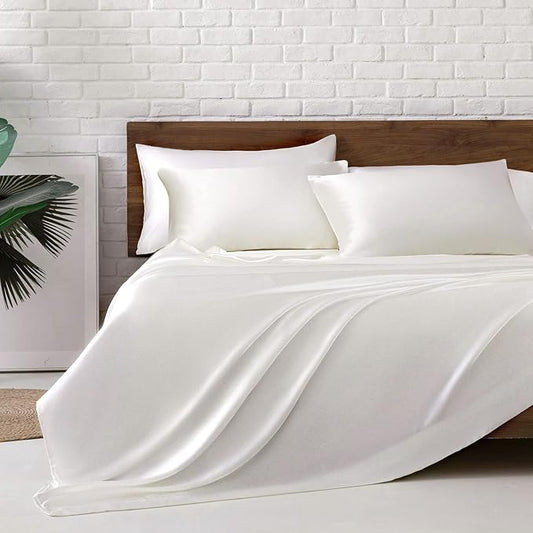 MR&HM Satin Bed Sheets, Queen Size Sheets Set, 6 Pcs Silky Bedding Set with 15 Inches Deep Pocket for Mattress (Queen, Ivory)