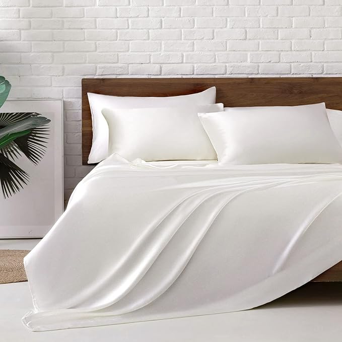 MR&HM Satin Bed Sheets, King Size Sheets Set, 6 Pcs Silky Bedding Set with 15 Inches Deep Pocket for Mattress (King, Ivory)