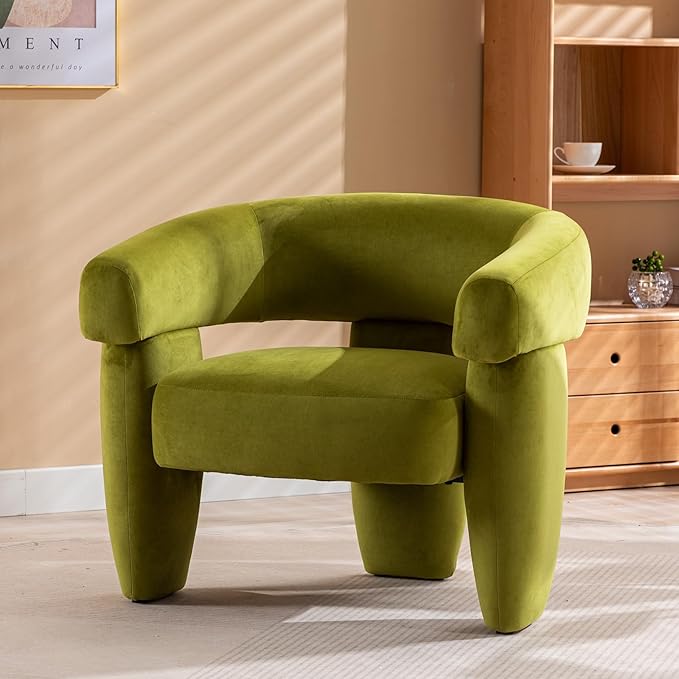 Mid Century Modern Accent Barrel Chair Comfy Upholstered Round Armchair with Montage Design, Velvet Boucle Lounge Chair for Living Room Bedroom Apartment, Green