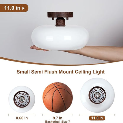 Mid-Century Modern Semi Flush Mount Ceiling Light, Faux Walnut Wood Kitchen Light Fixtures with Glass Shade, Vintage White Close to Ceiling Lamp for Entryway Hallway Bathroom (11.0 Inch)