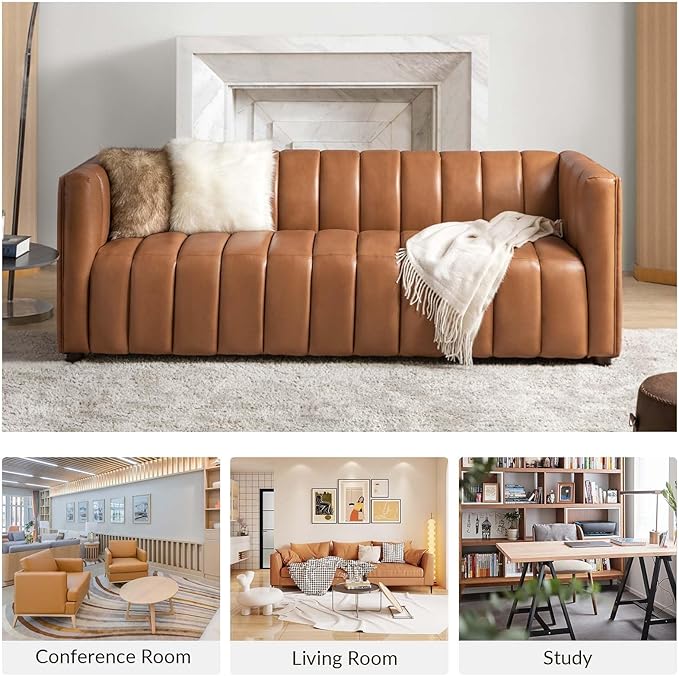 HULALA HOME 83" Genuine Leather Sofa with Channel Tufted Design, 3-Seater Sofa for Living Room Bedroom, Modern Oversized Couch with Wood Legs, Camel