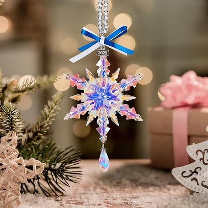 kockuu Christmas Crystal Snowflake Ornament Decoration, AB Color Crystal Snowflake Hanging Ornament for Tree with Tag 2025 Engraved for Winter Xmas Tree Keepsake Gifts Holiday Home Decor