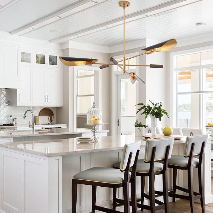 51" Industrial Farmhouse Chandelier with Antique Brass Brush Paint and Matt Black Finish, Wood Pendant Lighting Fixture for Dining Room Living Room Kitchen Island Bedroom 3-Light