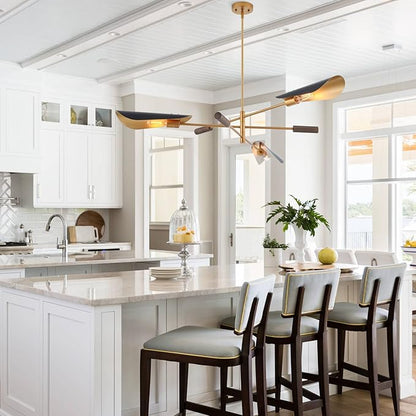 51" Industrial Farmhouse Chandelier with Antique Brass Brush Paint and Matt Black Finish, Wood Pendant Lighting Fixture for Dining Room Living Room Kitchen Island Bedroom 3-Light