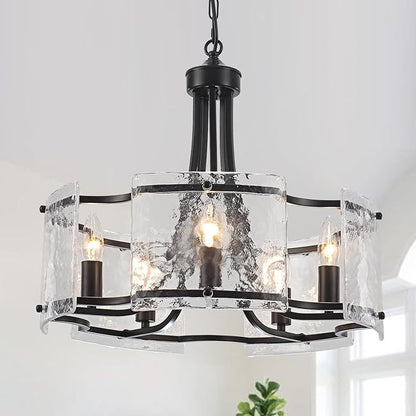 Modern Black Chandelier 5-Light Textured Glass Chandeliers for Dining Room 18.9''Drum Crystal Light Fixture Over Table Farmhouse Round Pendant Light for Kitchen Island Bedroom Living room Foyer，E12