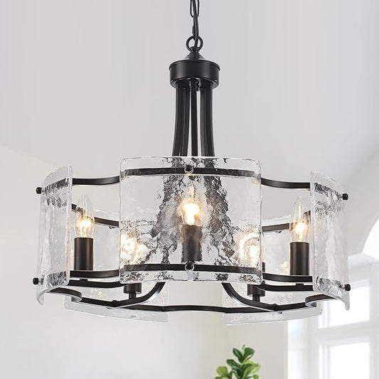 Modern Black Chandelier 5-Light Textured Glass Chandeliers for Dining Room 18.9''Drum Crystal Light Fixture Over Table Farmhouse Round Pendant Light for Kitchen Island Bedroom Living room Foyer，E12