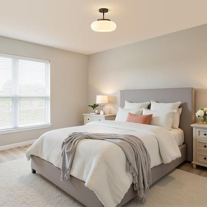 Mid-Century Modern Faux Walnut Wood Semi Flush Mount Ceiling Light, 3-Light Kitchen Light Fixtures with Glass Shade for Entryway Hallway Bathroom Bedroom (12.6 Inch)