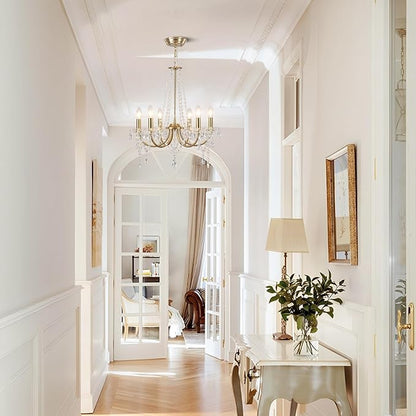 Crystal Gold Chandeliers for Dining Room, Modern Crystal Brass Chandelier Light Fixture, Vintage Pendant Light for Living Room Bedroom Bathroom Entryway Hallway E12 Bulbs D19 in x H24 in