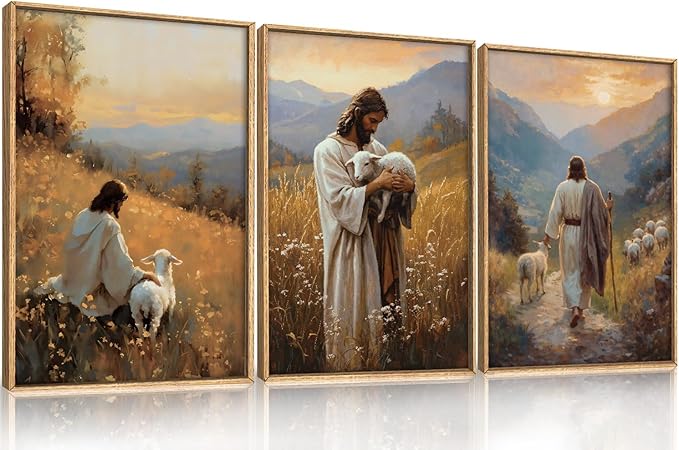 HOURIA Jesus Leaves The 99 Sheep Framed Canvas Wall Art Set,Christian The Lost Sheep Wall Decor,Jesus Embraces Lamb Artwork,Religious Biblical Art Prints for Living Room, Bedroom, Church- 24"x36"x3